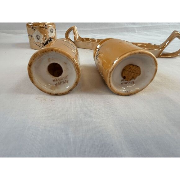 Vintage Lusterware Salt/Pepper/Sugar Set in Holder, Peach Flowers, Made in Japan - Picture 9 of 11